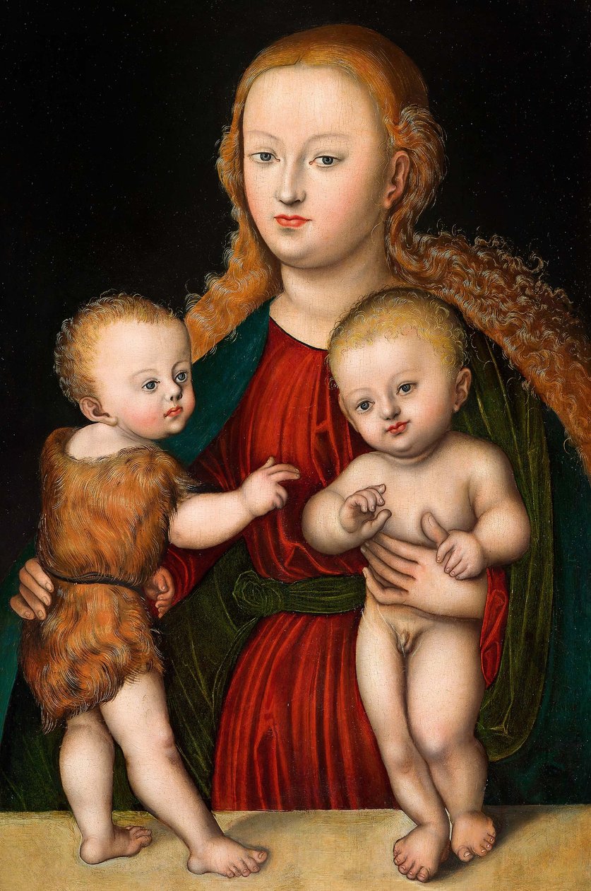 Tysk: Madonna og barn med Johannes Døberen Jomfru og barn med Johannes af workshop of Lucas Cranach the Elder