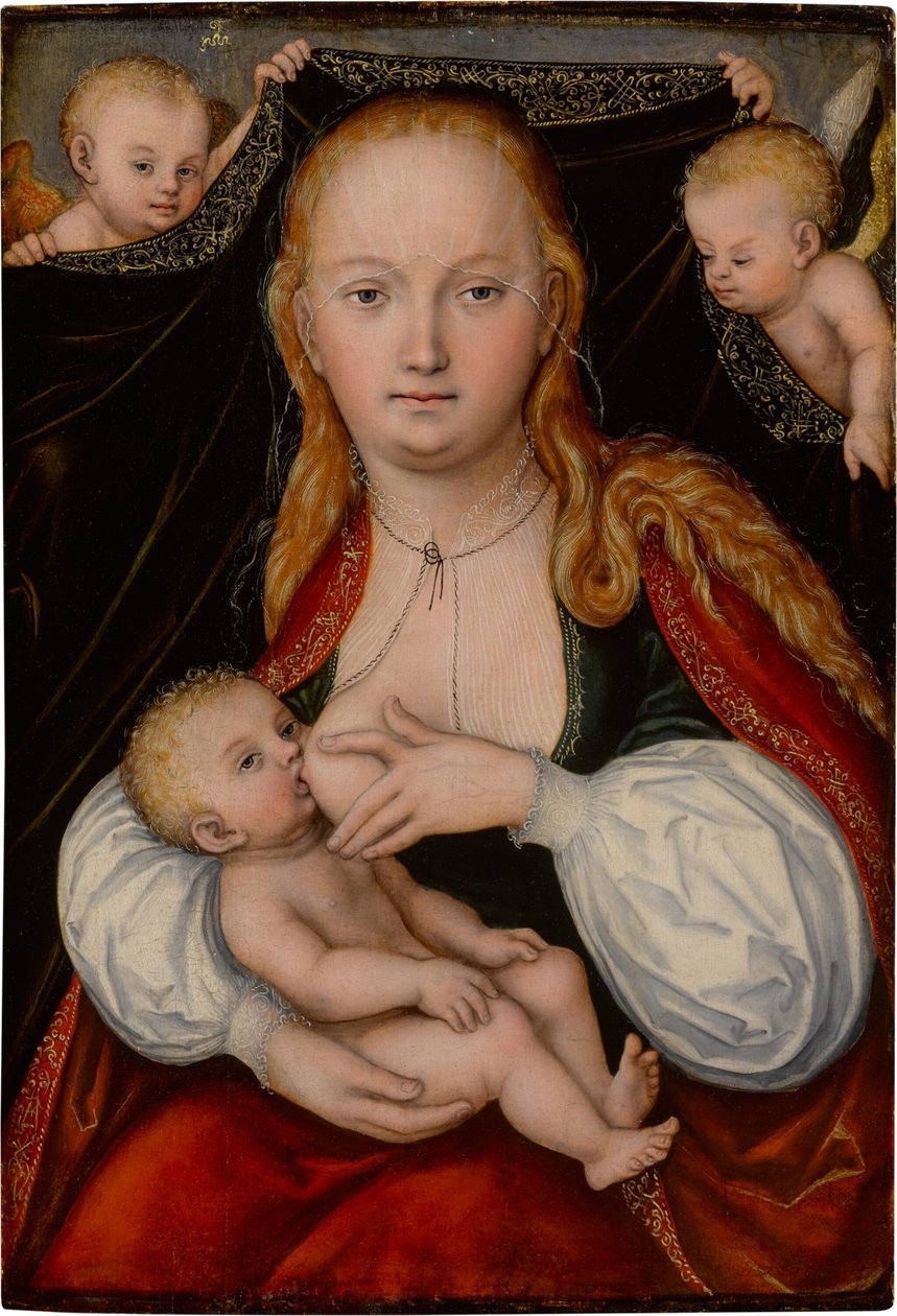 Madonna og barn med engle af workshop of Lucas Cranach the Elder