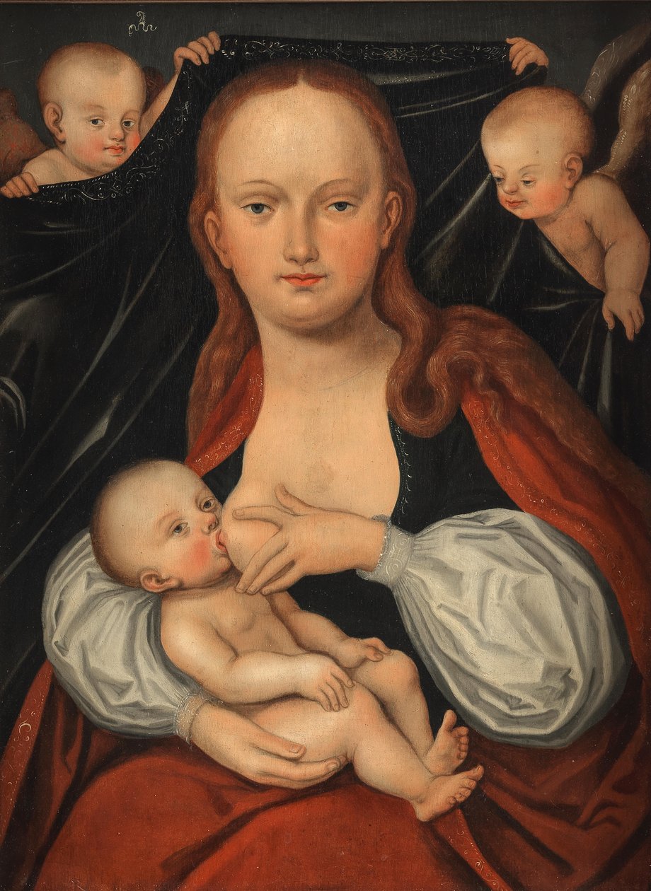 Madonna og barnet foran et forhæng, der holdes af to engle af workshop of Lucas Cranach the Elder
