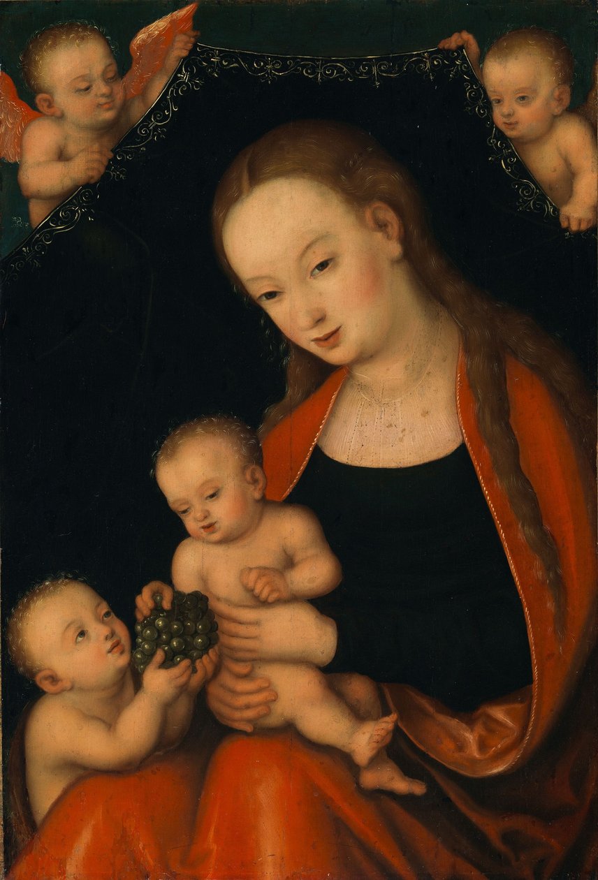 Jomfruen og barnet med Johannes Døberen og engle af workshop of Lucas Cranach the Elder