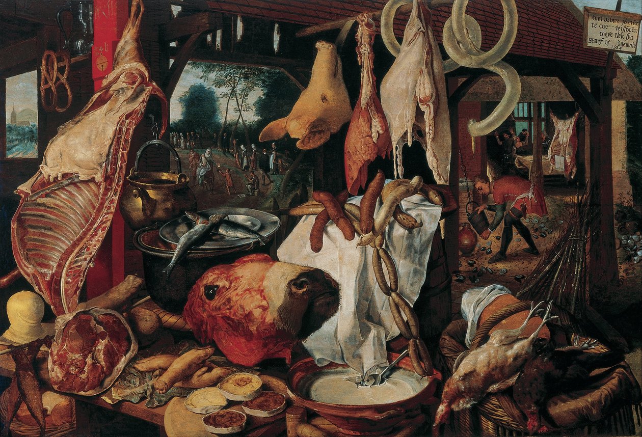 Stilleben med kød og den hellige familie af Workshop of Pieter Aertsen