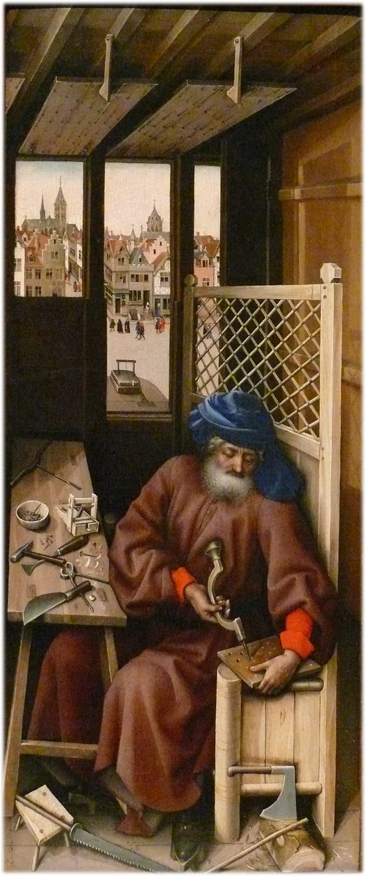 Annunciation Alternativ(e) titel(r):   Mérode-altertavle
Højre panel: Sankt Josef som tømrer af Workshop of Robert Campin