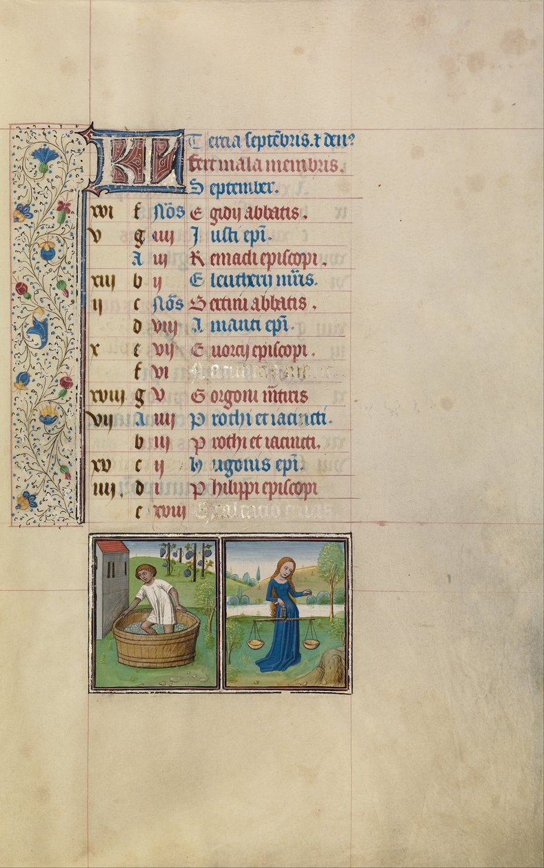 En mand, der træder druer; Stjernetegn for Vægten af Workshop of Willem Vrelant