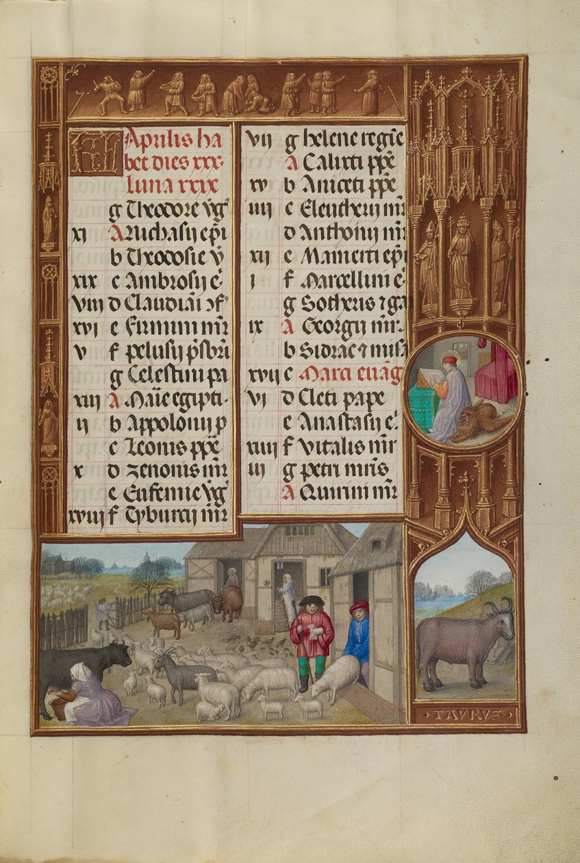 Husdyr, malkning og smørfremstilling; Stjernetegn for Tyren af Workshop of the Master of James IV of Scotland