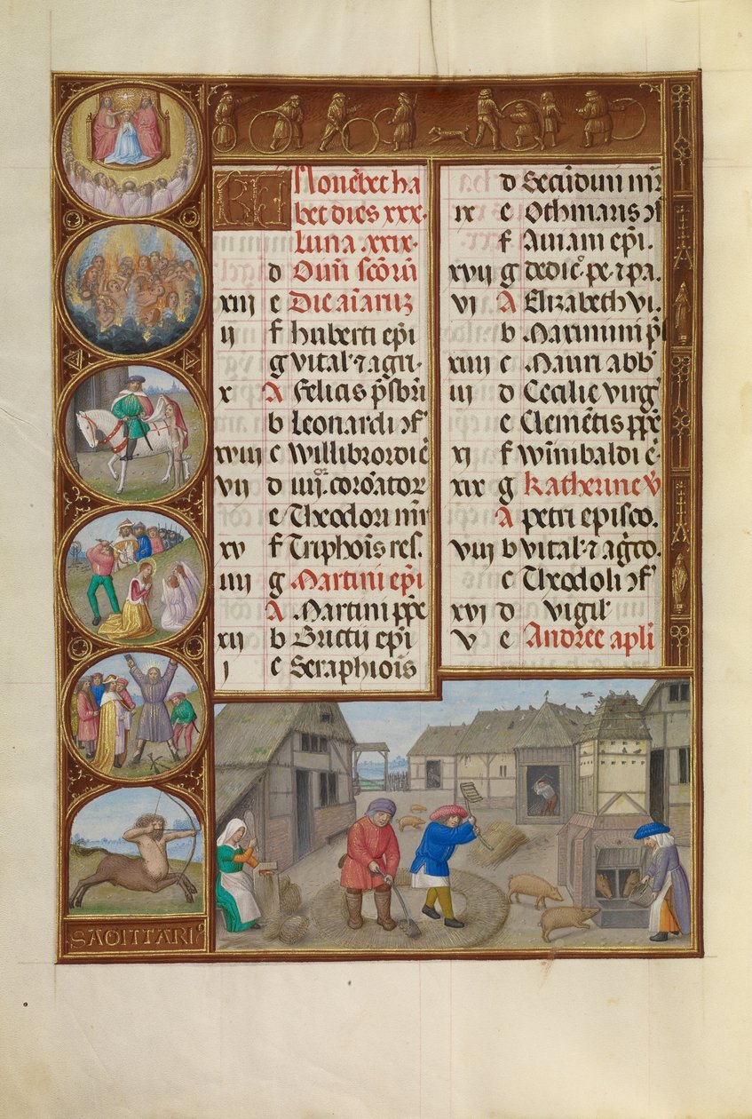 Tærskning og fodring af svin; Stjernetegn for Skytten af Workshop of the Master of James IV of Scotland