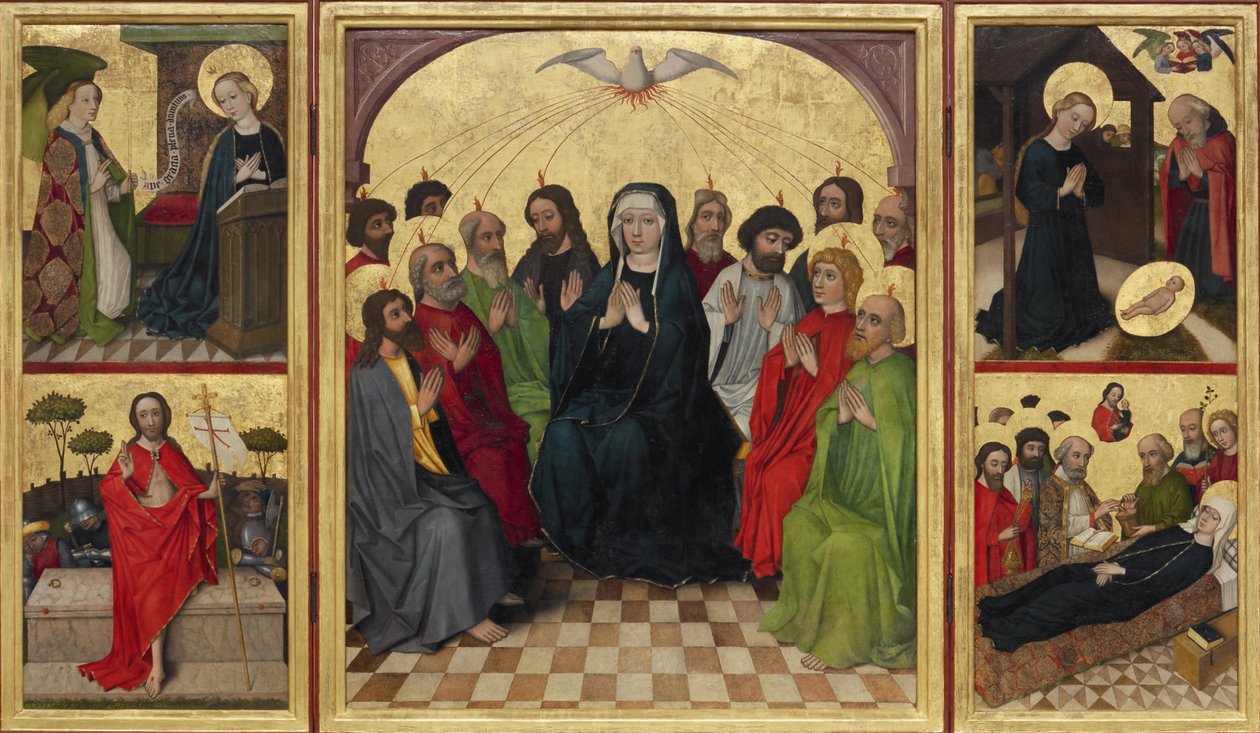 Helligåndens retable åben. pinse, bebudelse, fødsel, Kristi opstandelse og jomfruens død, ca. 1448 af Workshop of the Wolfgang Retable