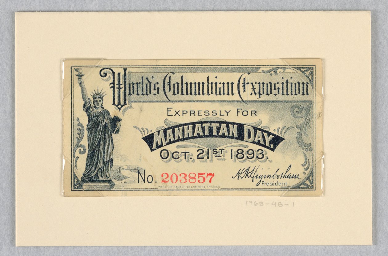 Billet til verdens colombianske udstilling, udtrykkeligt til Manhattan Day, 21. oktober 1893 af World