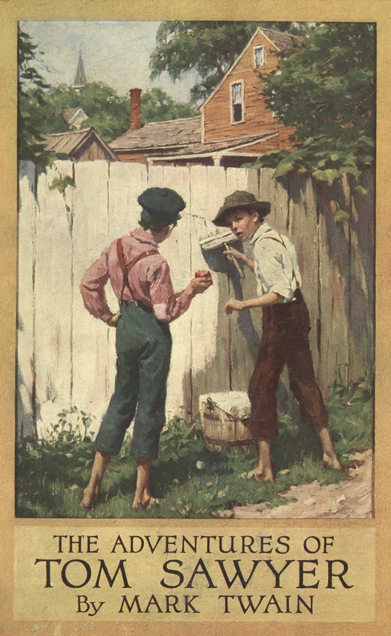 Støvjakke til Tom Sawyers eventyr af Mark Twain (1835 - 1910), pub. 1910 (farve litho) af Worth Brehm