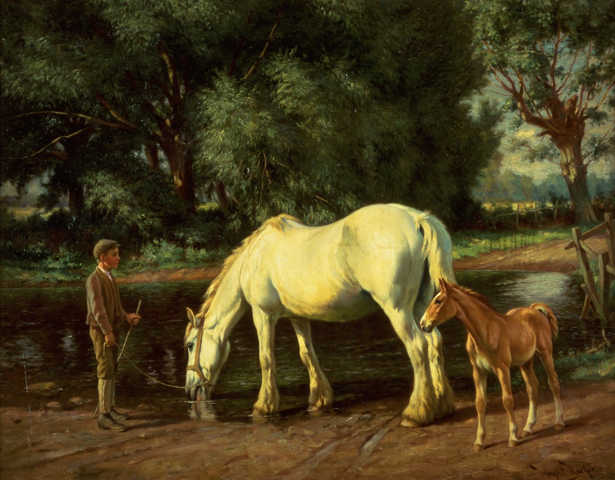 En hoppe og hendes føl ved et vadested (olie på lærred) af Wright Barker