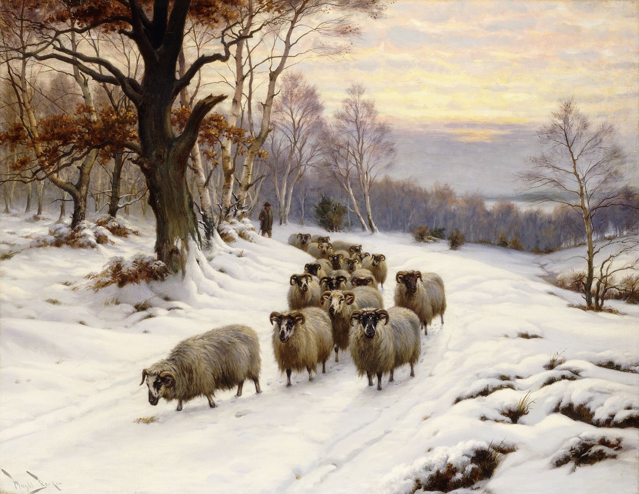 En hyrde og hans flok på en sti om vinteren af Wright Barker