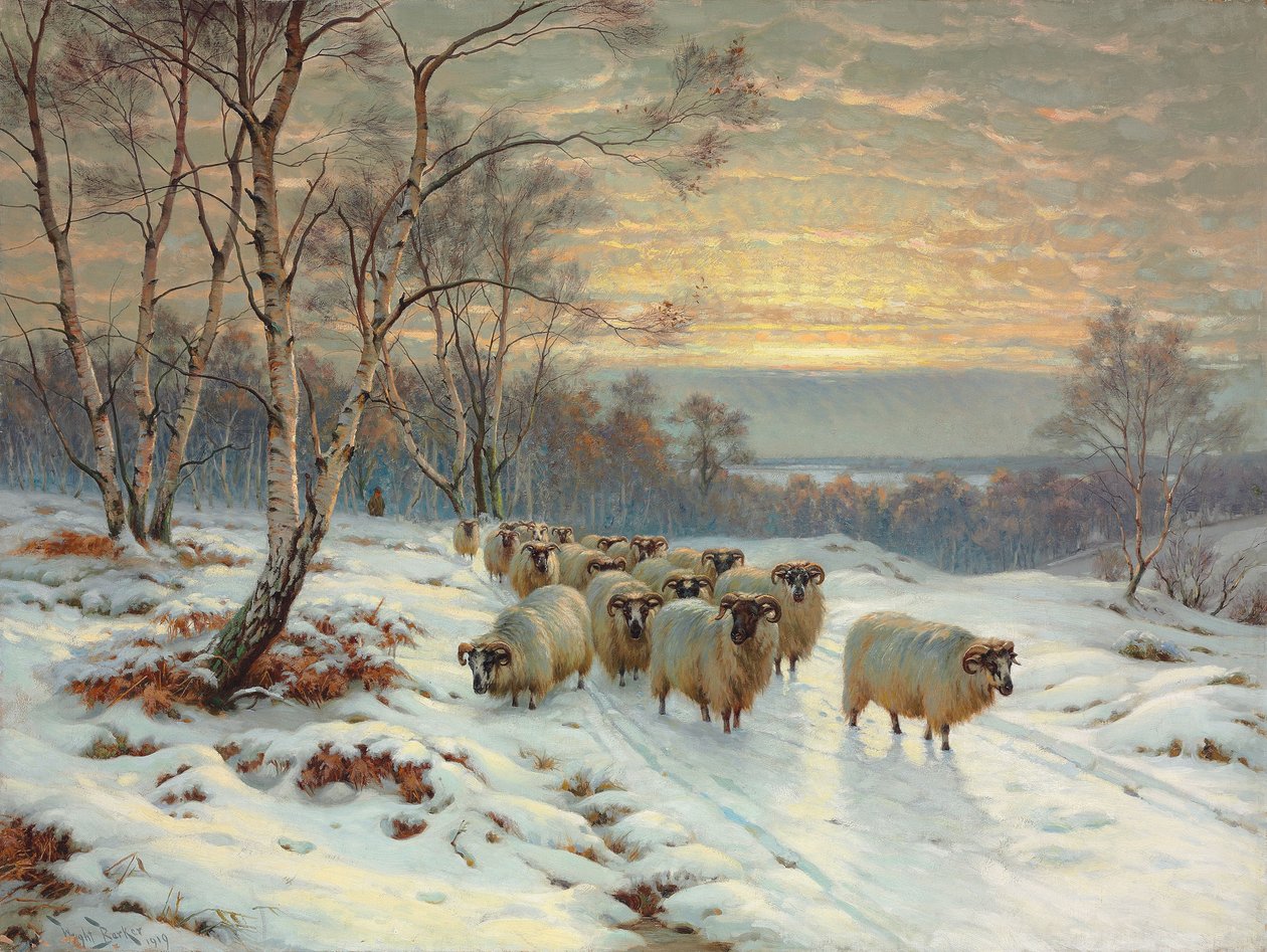 En hyrde med sin flok i et vinterlandskab af Wright Barker