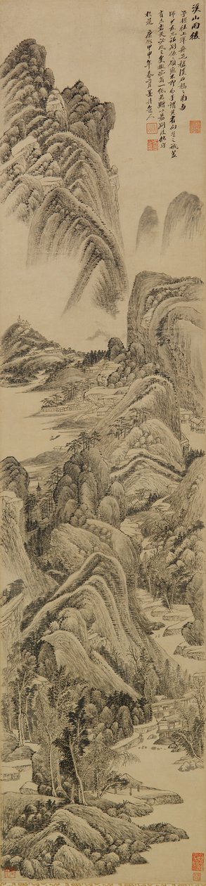Strømme og bjerge efter regn, Qing-dynastiet, 1704 (blæk på papir) af Wu Li