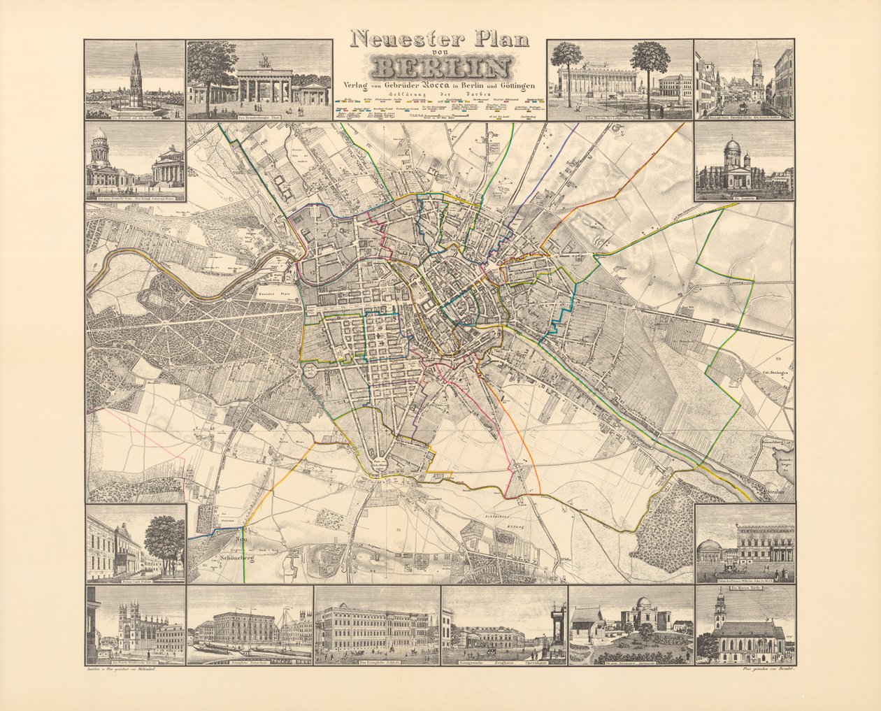 Historisk kort over Berlin, udgivet af Verlag von Gebrueder Rocca, Berlin 1838 af W.v. Moellendorf