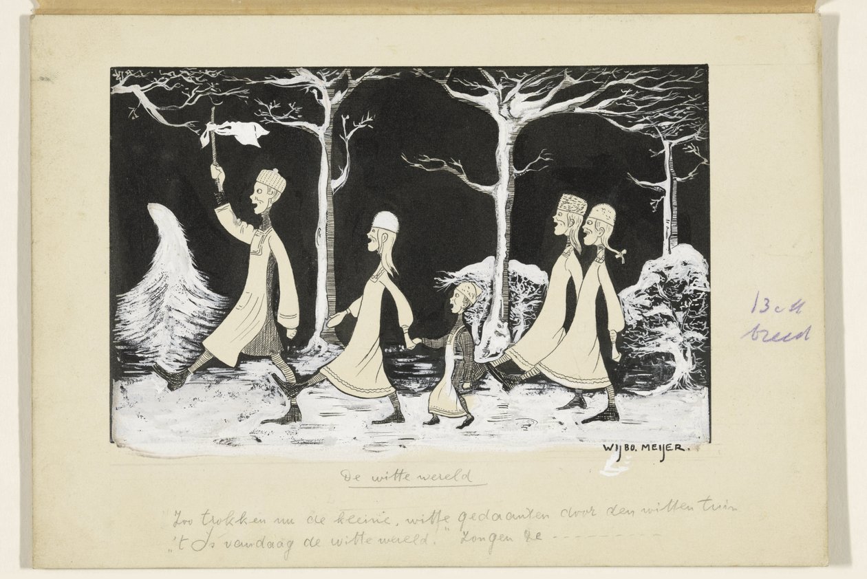 Henk, Anne, Hans, Noor og Elly marcherer gennem sneen af Wybo Meijer (signed by artist)