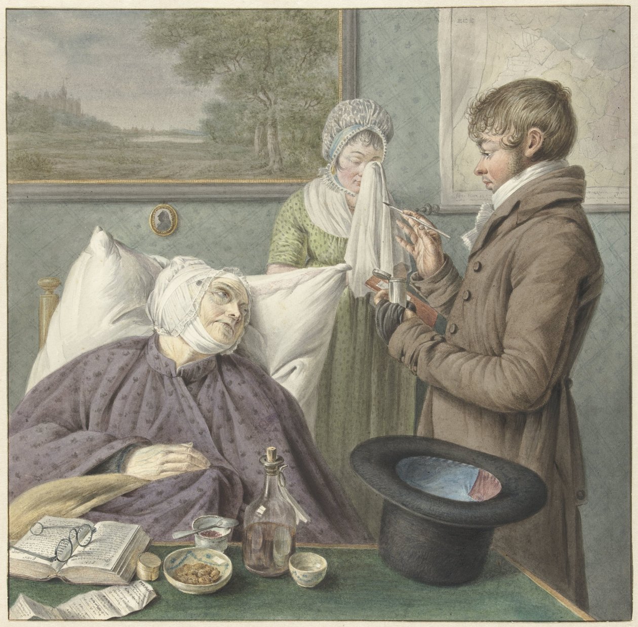 Lægen besøger en syg gammel kvinde i sengen af Wybrand Hendriks (attributed to)