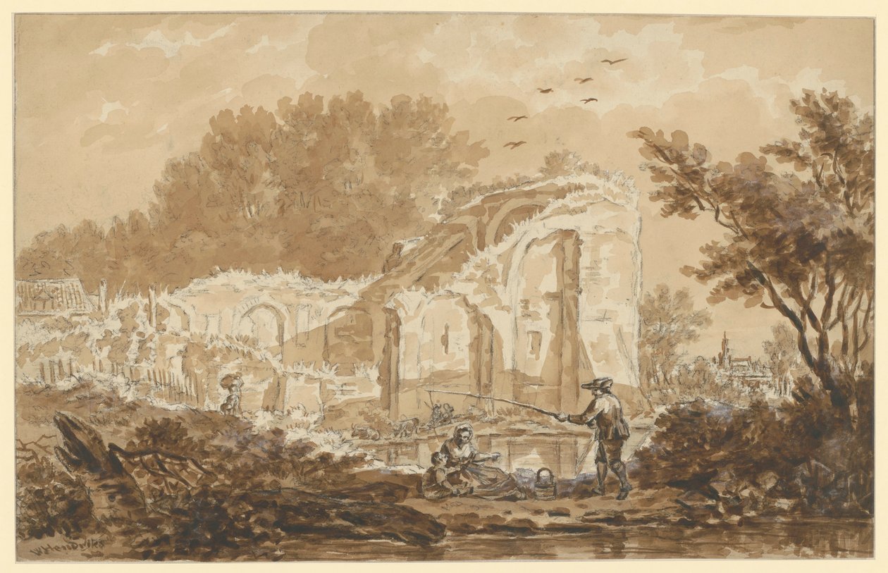 Lystfisker med kvinde og barn ved en ruin af Wybrand Hendriks