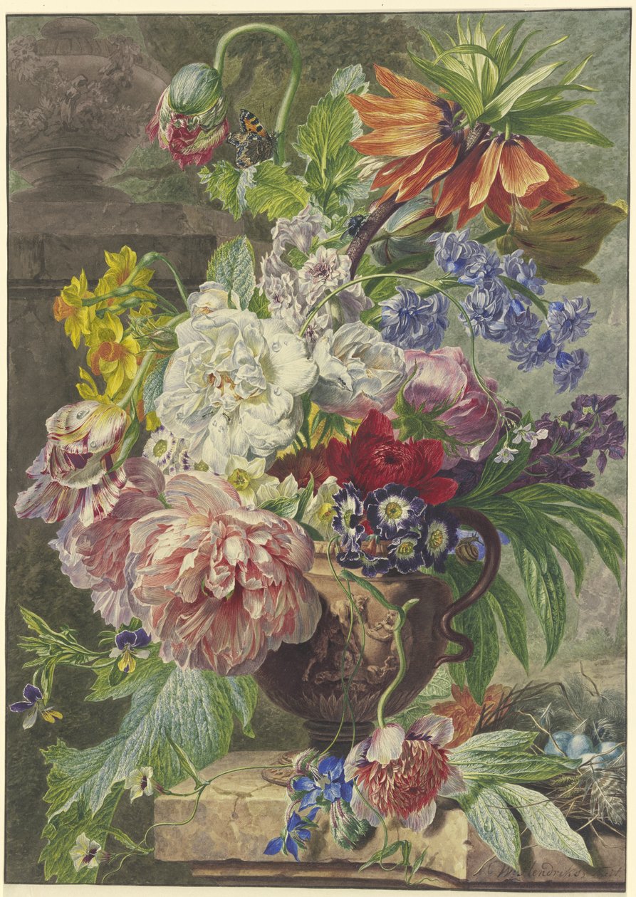 Stilleben med blomsterbuket og fuglerede af Wybrand Hendriks