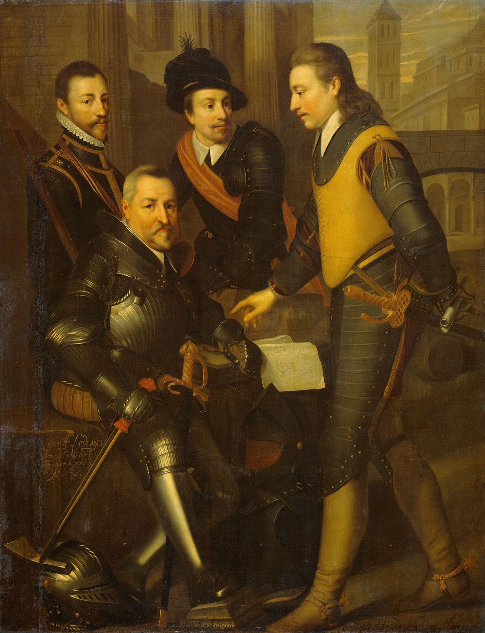 Gruppeportræt af de fire brødre af William I, Prins af Orange: Jan (1535-1606), Hendrik (1550-74), Adolf (1540-68) og Lodewijk (1538-74), grever af Nassau af Wybrand de Geest (I) (workshop of)