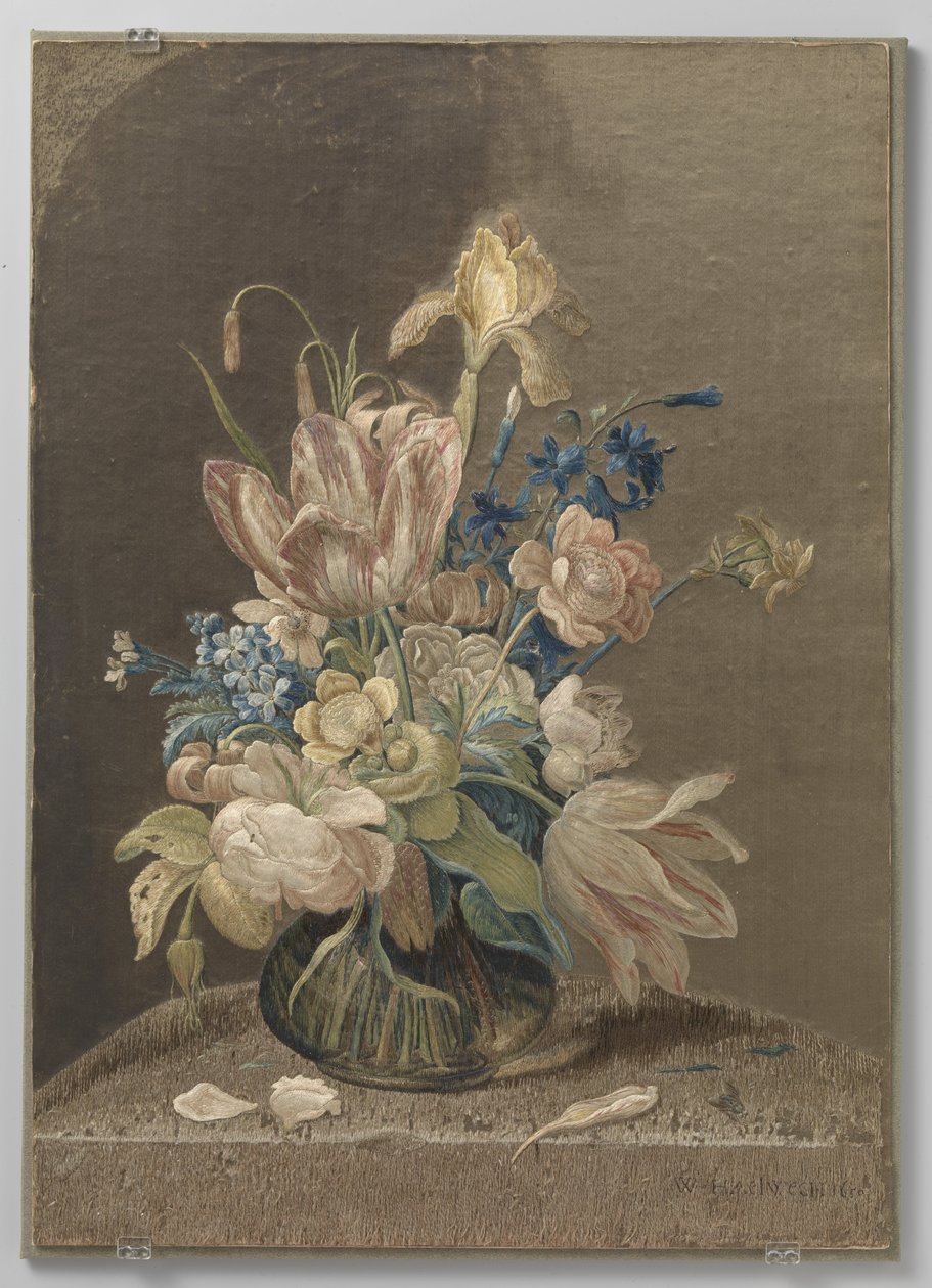 Flerfarvet broderet silketableau af Wynant Haelwegh