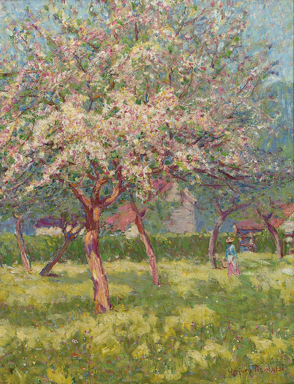 En frugthave i blomst (olie på lærred) af Wynford Dewhurst