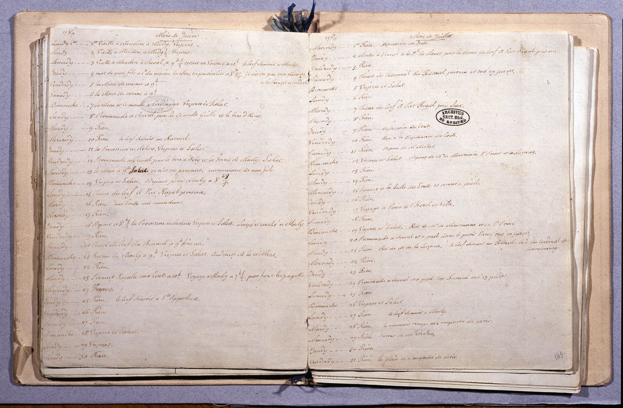 Tidsskrift for Ludvig XVI. Juni og juli måned 1789. Notesbog 17X21 cm. Arkiv Nationales. Paris af XVI Louis