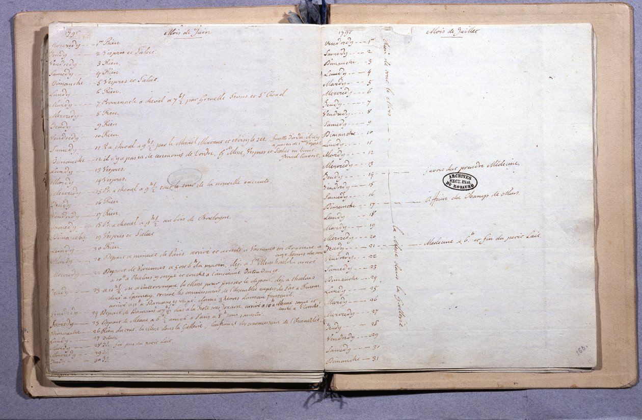 Tidsskrift for Ludvig XVI. Juni og juli måned 1791. Notesbog 17X21 cm. Archives Nationales. Paris af XVI Louis