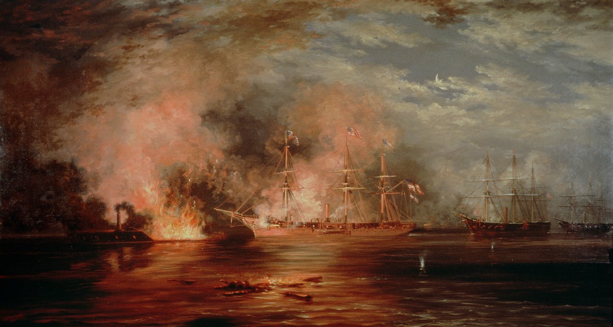 Farragut passerer forterne under New Orleans, 1862 (re CH204254) af Xanthus Russell Smith
