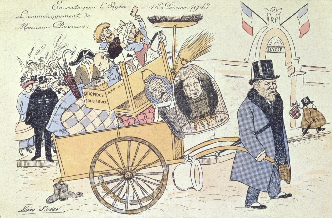 Karikatur af Raymond Poincare (1860-1934) flytter til Elysee-paladset, februar 1913 af Xavier Sager