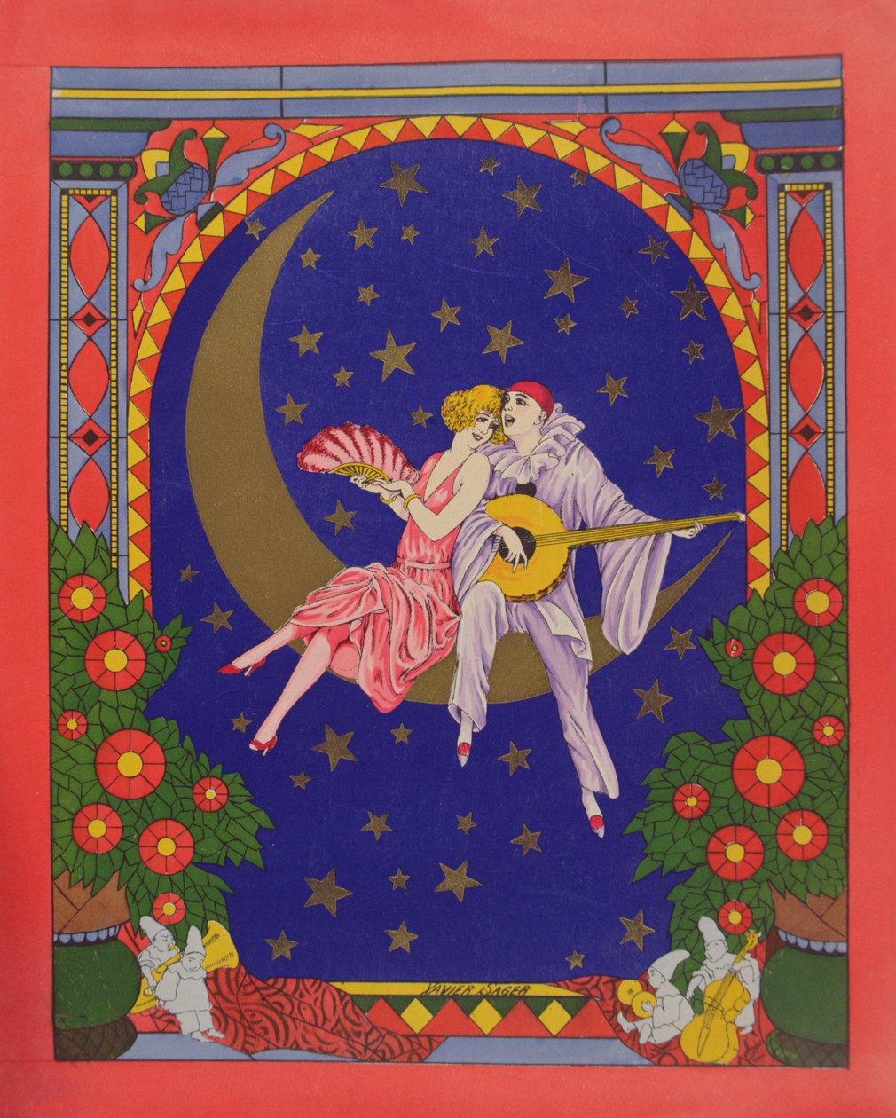 Pjerrot og Columbine (chromolitho) af Xavier Sager
