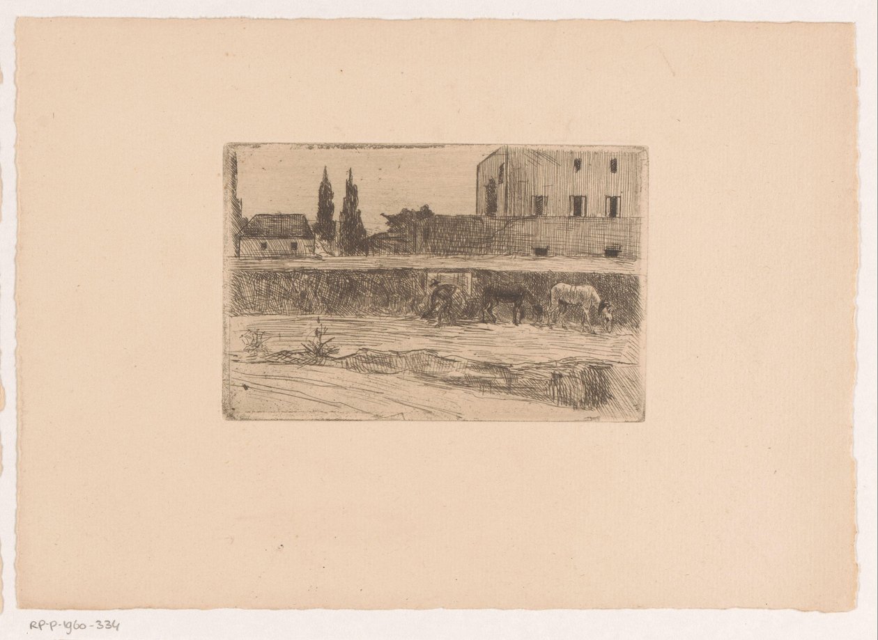 Landskab med bygninger og en figur i arbejde af Xavier Mellery (attributed to)
