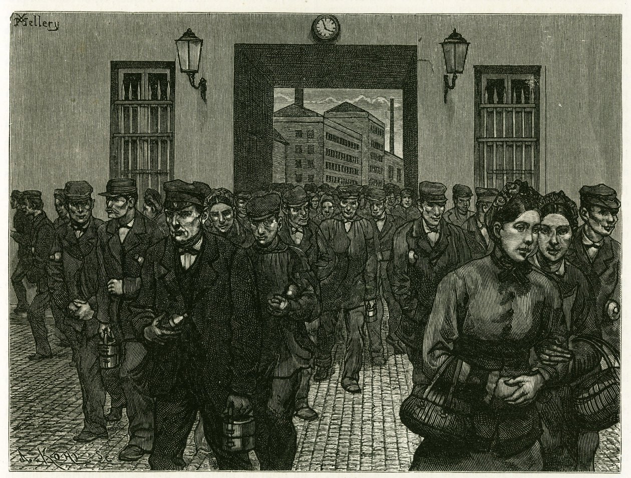En fabriksudgang i Gent. Gravering af X. Mellery, efter naturen, for at illustrere historien "" Belgien"", i 1888, af Camille Lemonnier (1844-1913), kunstkritiker og forfatter. Udgivet i Tour du monde, 2. semester 1883, redigeret af Edouard Charton (1807-1 af Xavier Mellery