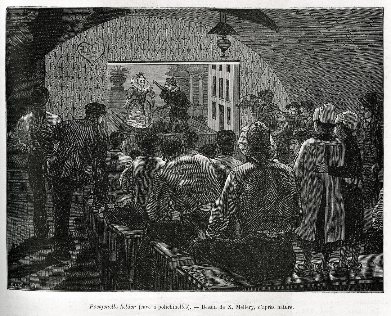 Cellar a Polichinelles, en kælder designet til dukketeater. Gravering af X.Mellery, for at illustrere historien om Belgien, af Camille Lemonnier, udgivet i Tour du monde, redigeret af Edouard Charton (1807-1890) af Xavier Mellery