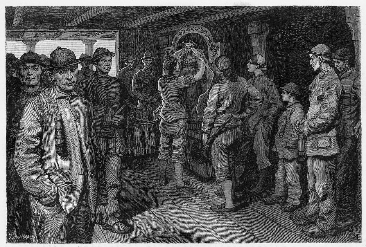 Charbonniere, der forestiller statuen af Saint Barbe, skytshelgen for minearbejdere og brandmænd, på den årlige messe til hendes ære. Gravering af X.Mellery, for at illustrere historien "" Belgien" ", af Camille Lemonnier (1844-1913) belgisk forfatter. Udg af Xavier Mellery