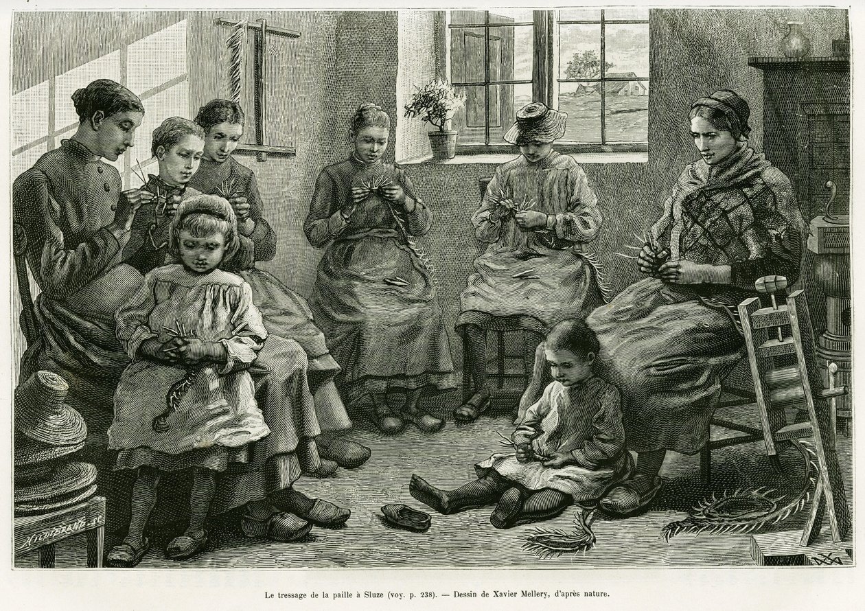 Fletningen af halm har Sluze. Gravering af Xavier Mellery til illustration af historien La Belgique, af Camille Lemonnier, i le tour du monde 1886, instrueret af Edouard Charton (1807-1890), Hachette, Paris. af Xavier Mellery