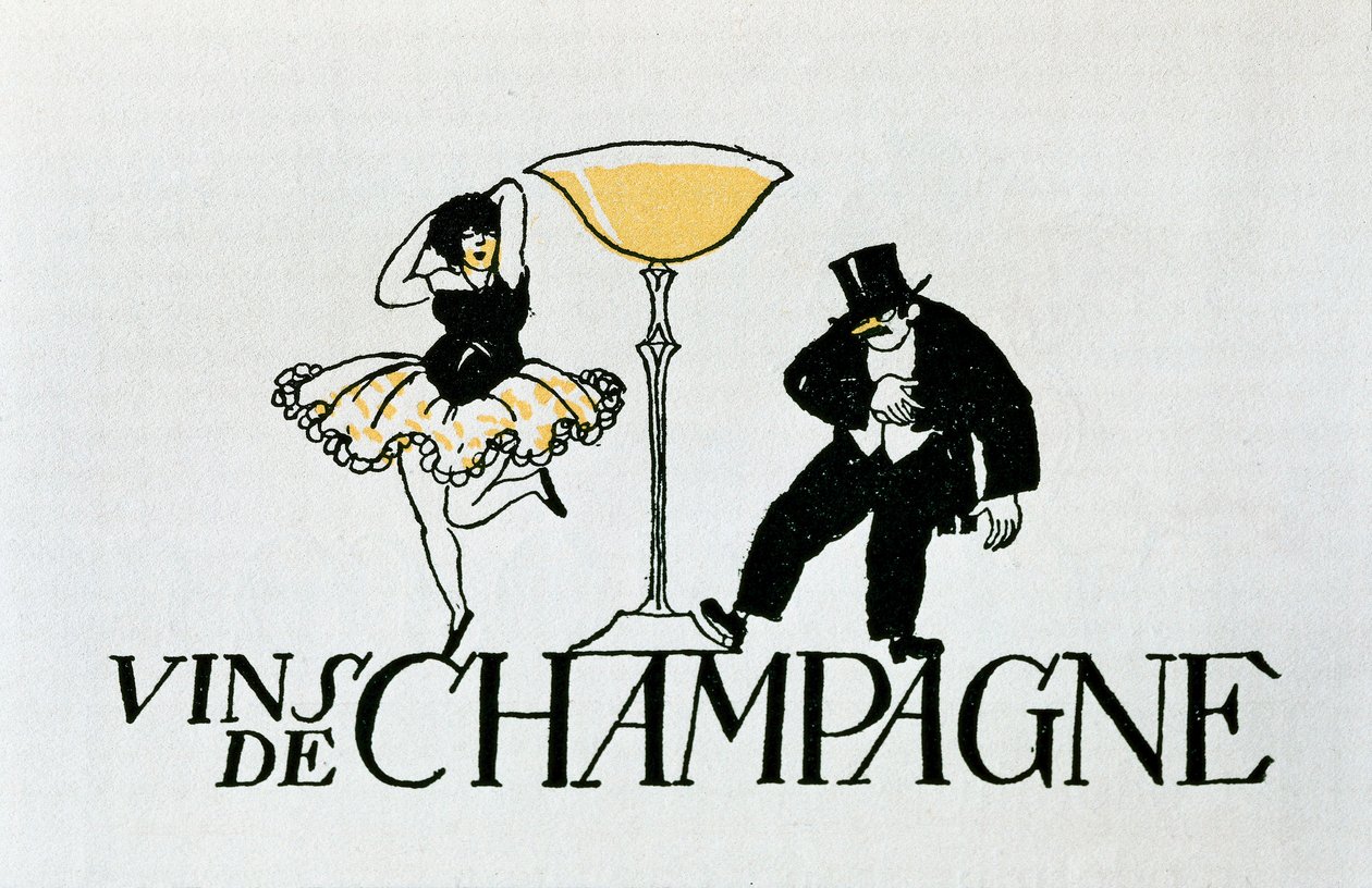 Reklamevignet for champagnevine, der repræsenterer et par, der danser omkring en kop, 20. århundrede (plakat) af Xavier Nogues