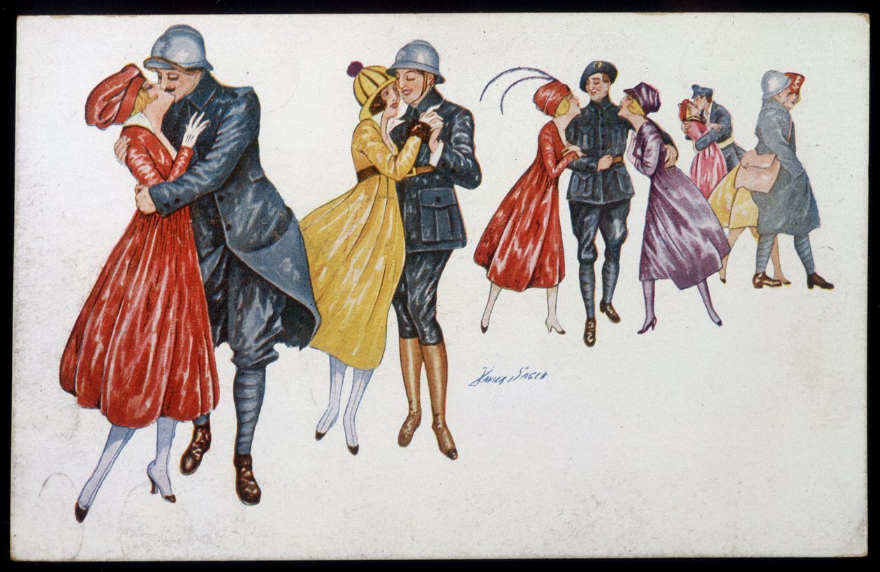 Militær og deres forlovede, Marainnes eller venner - Illustration af Xavier Sager (1870-1930) Postcard, v.1915 af Xavier Sager