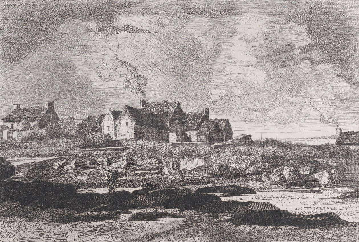 Landskab med en flod der løber til højre og huse i baggrunden, 1845-75. af Xavier de Dananche