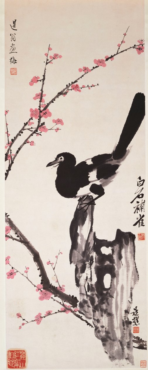Plum Blossoms and Magpie (blæk og farve på papir) af Xiao Sun (1883 1944) Zhou Shaoxiang (1880 1954) Qi Baishi