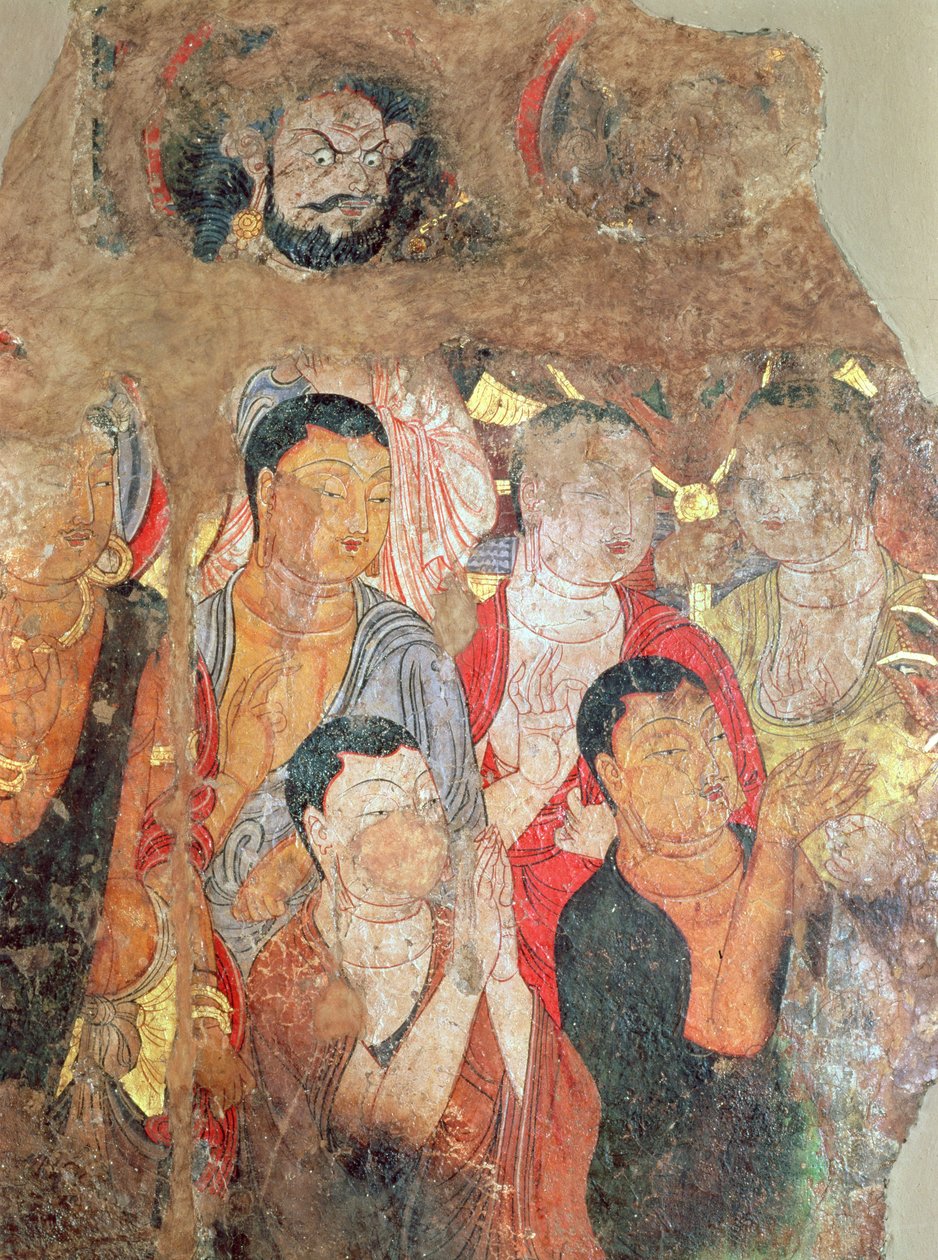 Gruppe af munke og Buddha, fra Shikshin-klosteret, Karashar, 9.-10. århundrede (fragment af et maleri) af Xingjiang