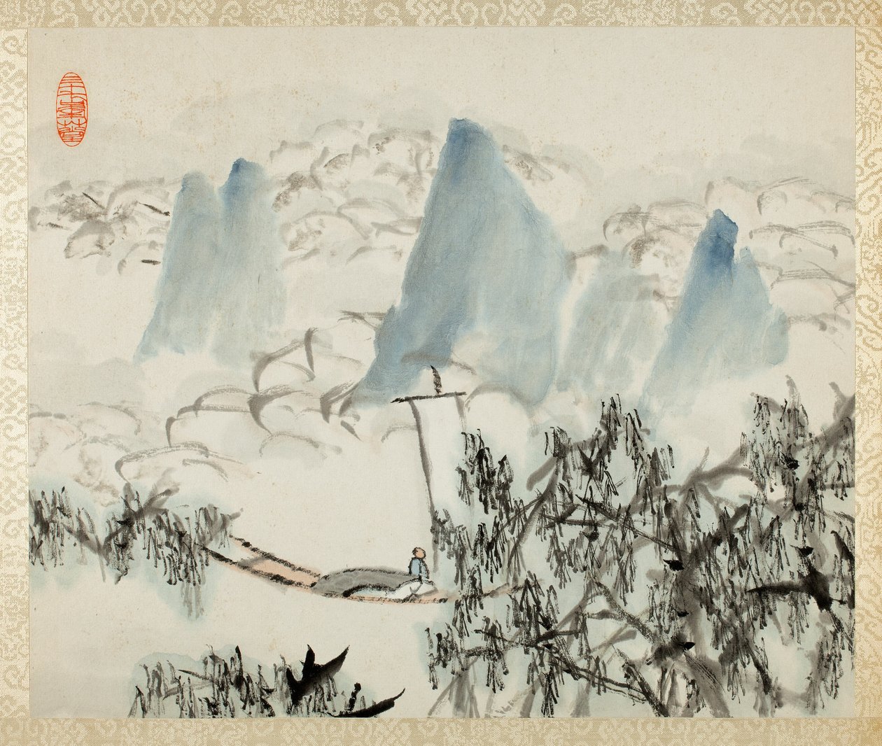 Landskab med figur, fra et album med Landskaber og kalligrafi for Liu Songfu af Xugu