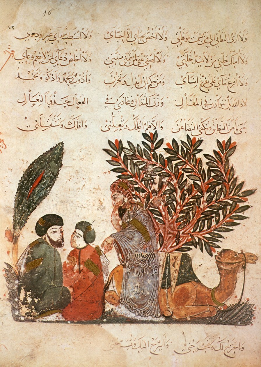 Ms Ar 5847 f.10, Karavanen stopper: Al-Harith (al-Hariri) lyttende konvertering mellem og mand og hans søn, fra Al Maqamat af Al Hariri, ca. 1240 (gouache på vellum) af Yahya ibn Mahmud Al Wasiti
