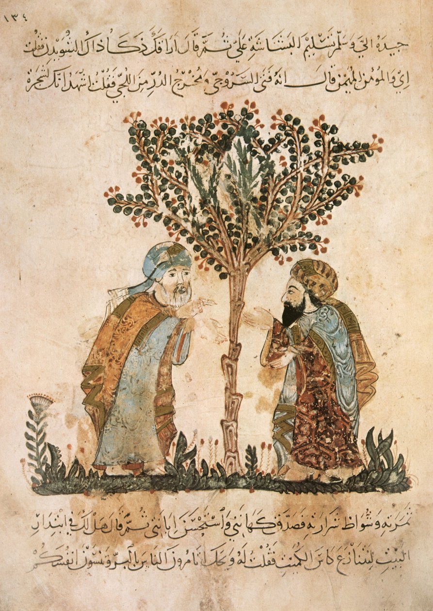 Ms Ar 5847 f.121, Abou Zayd taler med Al-Harith, fra Al Maqamat af Al Hariri, ca. 1240 (gouache på vellum) af Yahya ibn Mahmud Al Wasiti