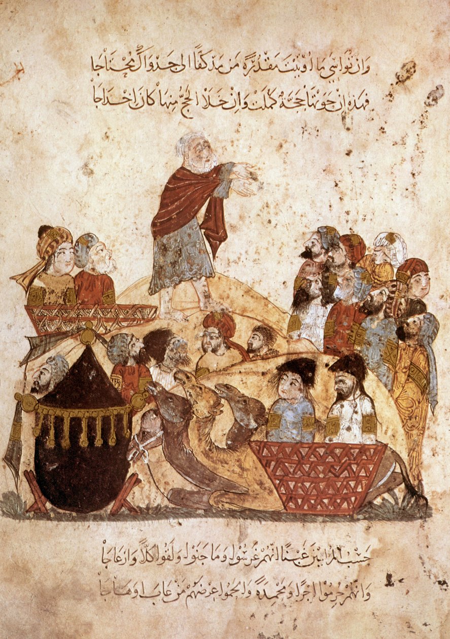 Ms Ar 5847 f.29, Abou Zayd prædiker for en karavane af pilgrimme, fra Maqamat af Al Hariri, ca. 1240 (gouache på pergament) af Yahya ibn Mahmud Al Wasiti