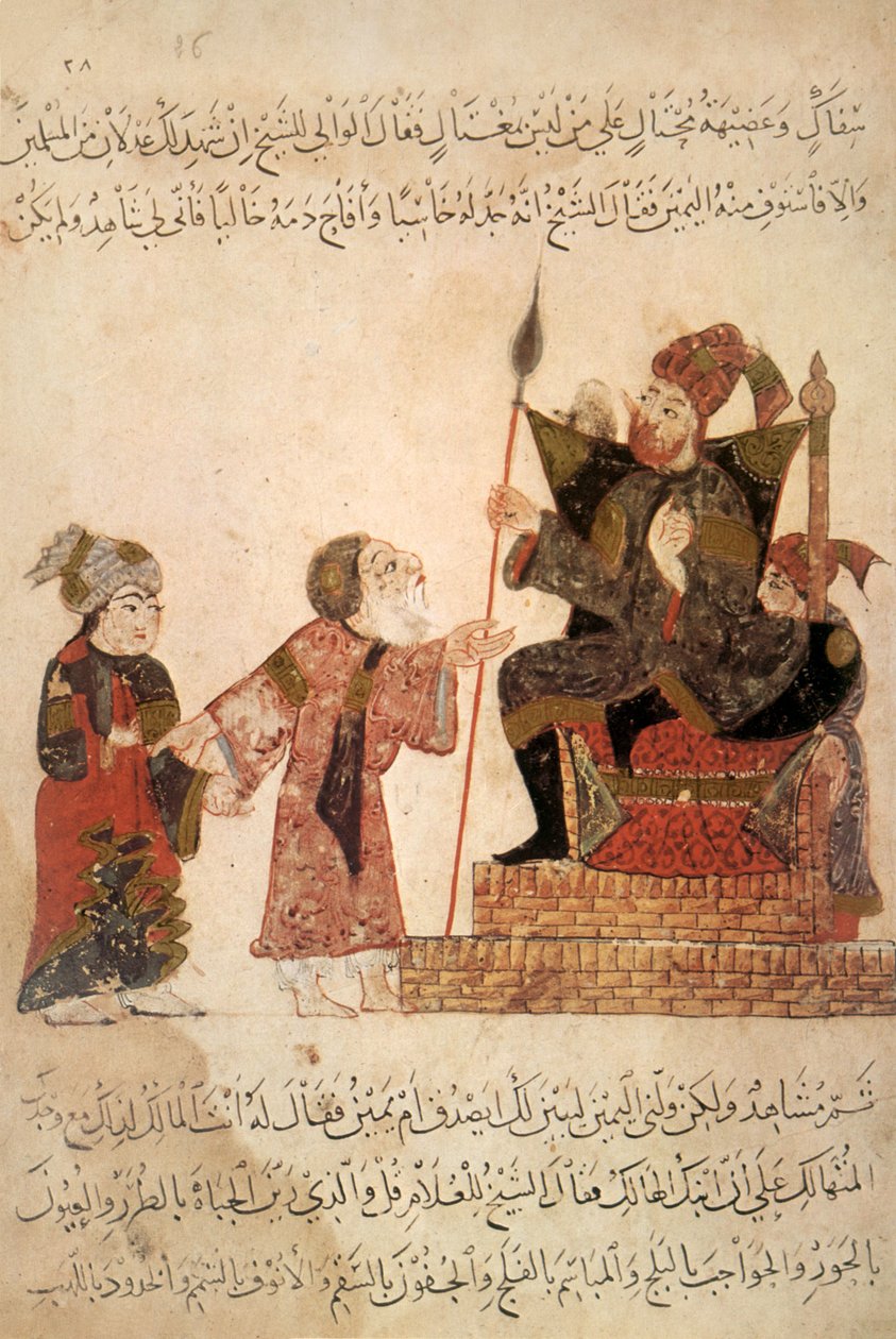 Ms Ar 5847 f.6, Abu Zayd før guvernøren Rabat, fra Al Maqamat af Al Hariri, ca. 1240 (gouache på vellum) af Yahya ibn Mahmud Al Wasiti