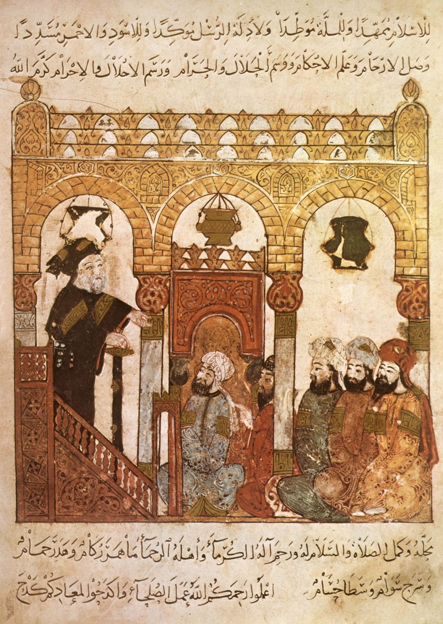 Ms Ar 5847 f.84, Abou Zayd prædiker i moskeen i Samarkhand, fra Maqamat af Al Hariri, ca. 1240 (gouache på vellum) af Yahya ibn Mahmud Al Wasiti