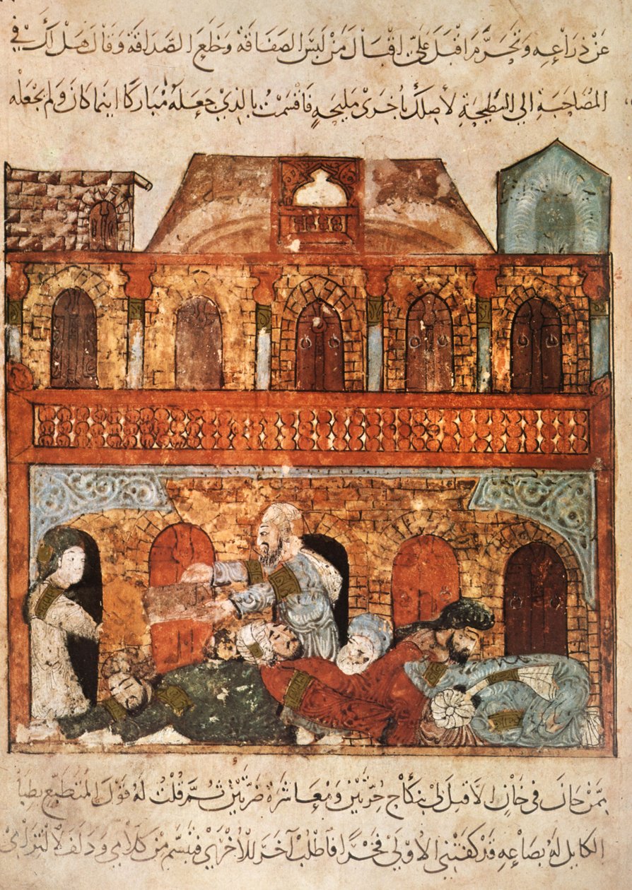 Ms Ar 5847 f.89, Måltid i en campingvogn i Wasit: Abou Zayd har lagt sine gæster til at sove og tager deres varer, fra Al Maqamat af Al Hariri, ca. 1240 (gouache på vellum) af Yahya ibn Mahmud Al Wasiti