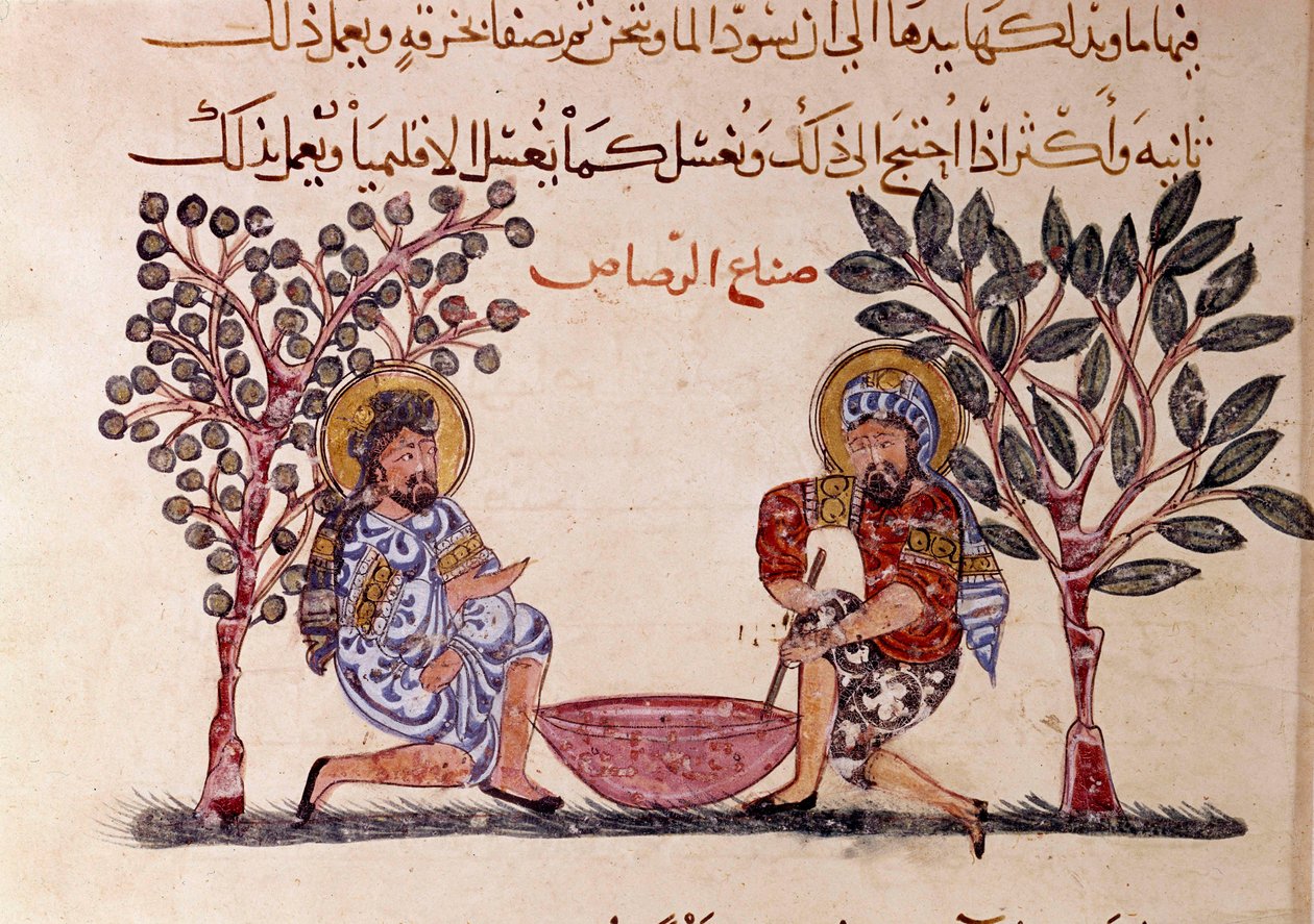 The Making of Lead Page af "" Maqamat"" (Seances), et pikaresk digt fra det 11. århundrede af den arabiske digter Abu Mohammed al-Kasim ibn Ali Hariri (eller Al-Hariri eller Al Hariri) (1054-1122) illustreret af Al-Wasiti (al-Wasiti) af Yahya ibn Mahmud Al Wasiti