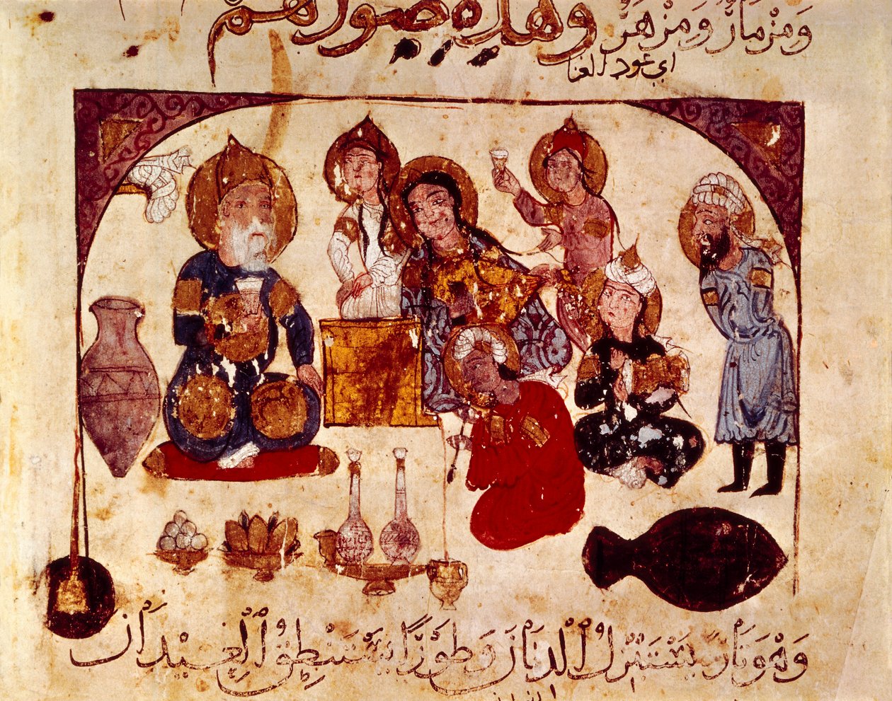 Abou-Zayd på Hanah-værtshuset, miniature fra "Maqamat" (Sayings), ms. 3929, fol. 34v af Yahya ibn Mahmud Al Wasiti