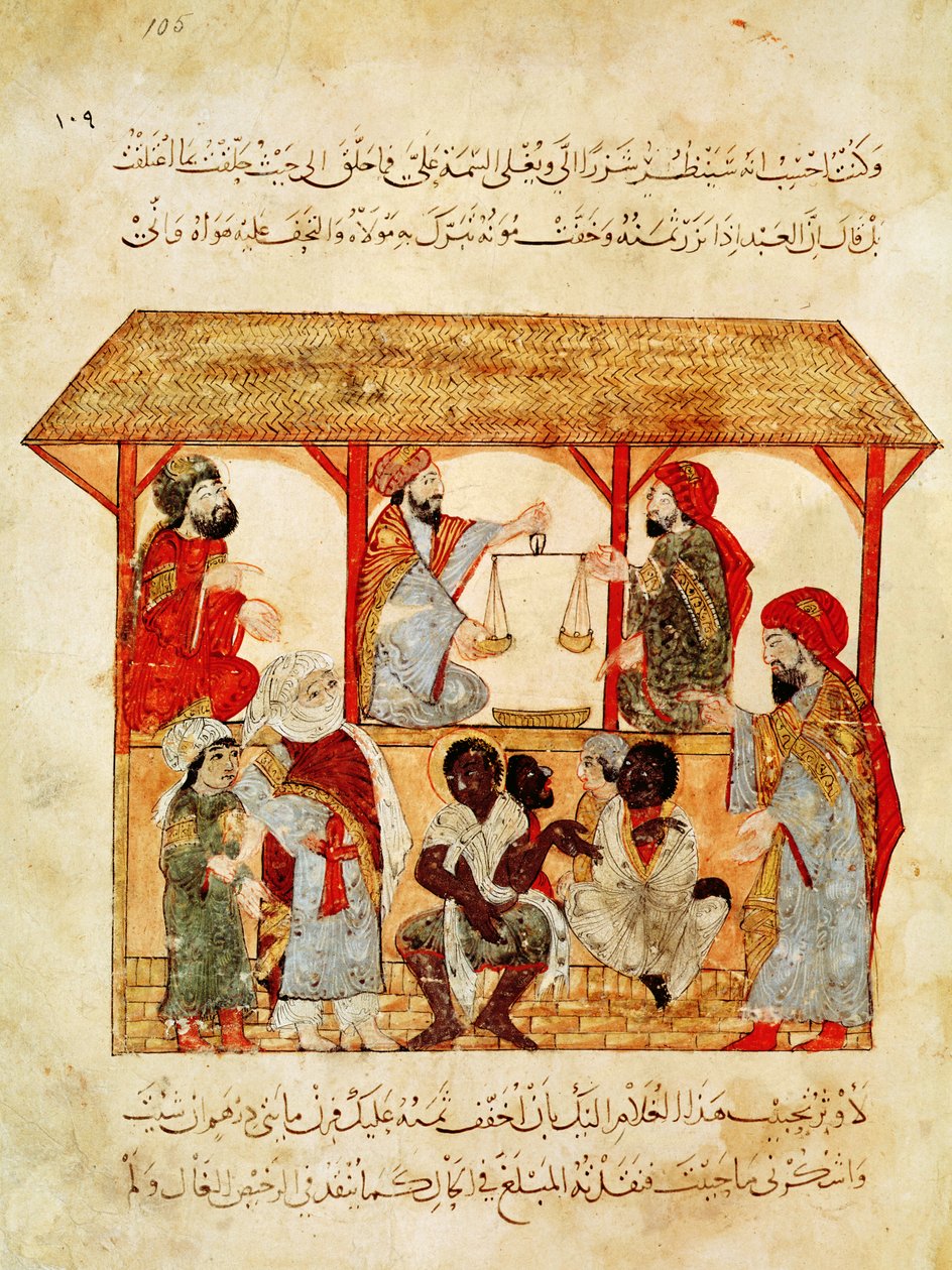 Ms. Ar 5847 f.105, A Slave Market, fra "Al Maqamat" af Yahya ibn Mahmud Al Wasiti