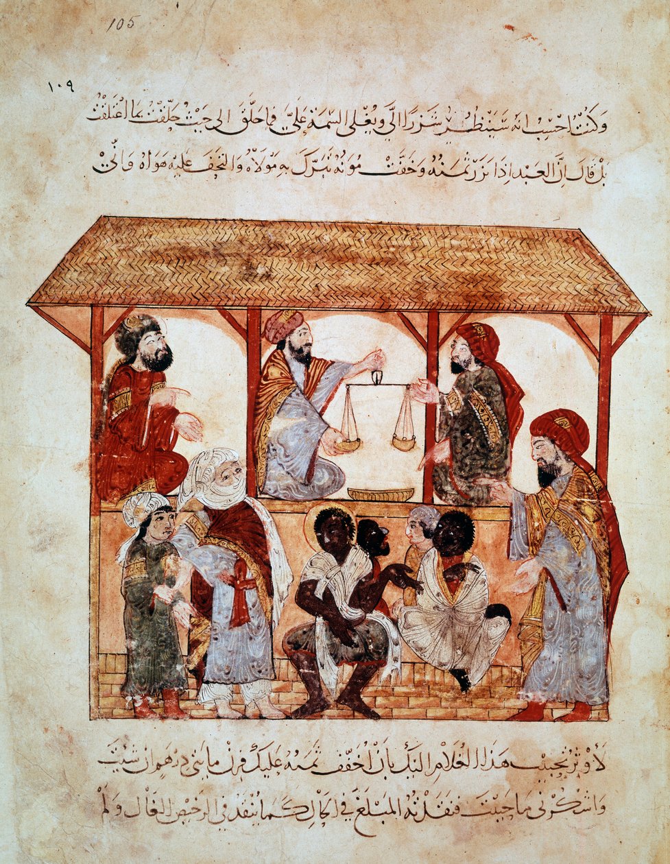 Slavemarch i Zabid (Zebid), Yemen. Miniature i "" The Seances. Al-Maqamat” (Folio 105) belyst af Yahya ibn Mahmud al-Wasiti og skrevet af Hariri al-Basri, al-Qasim ibn Ali al (1054-1122) af Yahya ibn Mahmud Al Wasiti